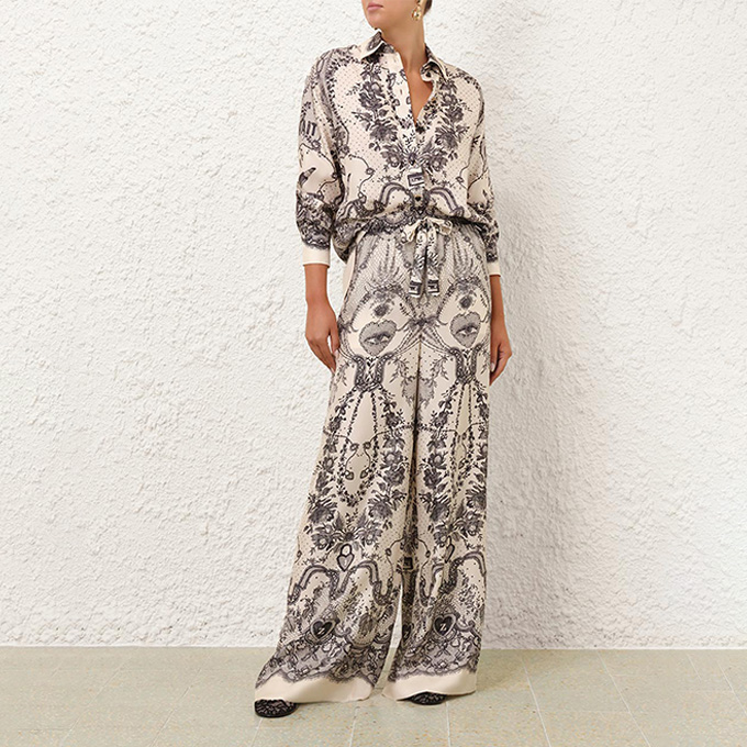 zimmermann crush silk printed shirt & trousers